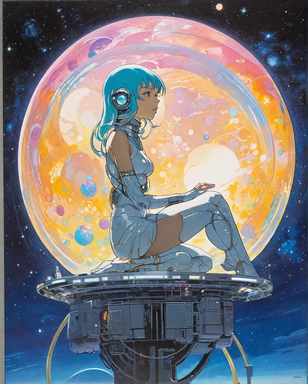 Flat-colored still of a Celestial Harbor, a cute Female alien working in the celestial port, sitting in a transparent suspended ball vase, telemetry huge spacecraft harbor where spaceships and cosmic vessels dock, illuminated by distant stars and nebulae, a sci-fi setting with futuristic technology and diverse alien species, vibrant holographic displays and bustling activity, conveying a sense of unity and collaboration, painting, acrylic on canvas using bright colors and dynamic brush strokes. anime girl from a 80s Anime portrayed by hajime sorayama, looking away from the viewer, solemn expression