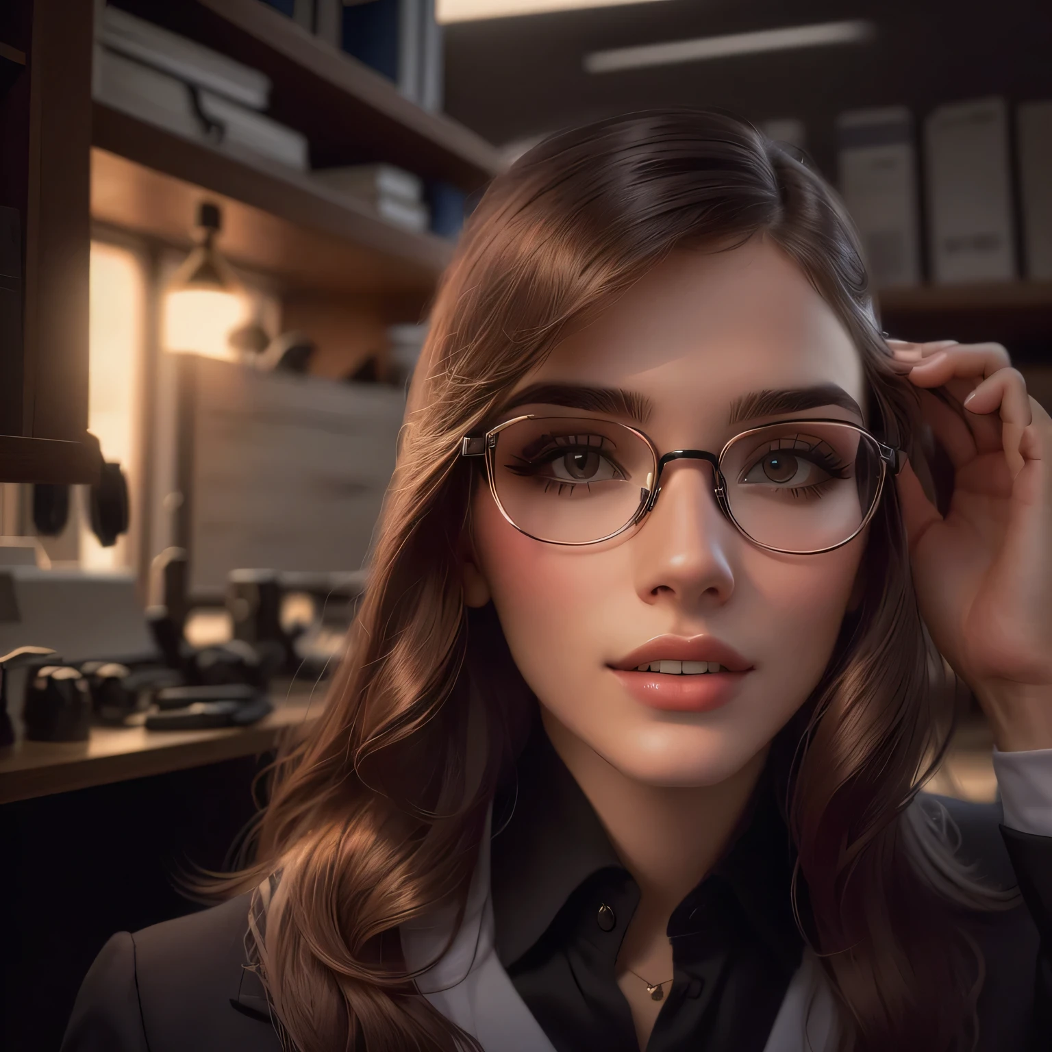 there is a woman Spectacled sitting at a table with a cell phone, Spectacled, anastasia ovchinnikova, girl Spectacled, stood in the laboratory, Girl in round glasses, frontal photography, Professional photography, professional avatar, moleksandra shchaslyva, Spectacled on, Victoria Havrylenko, Angelina Stroganova