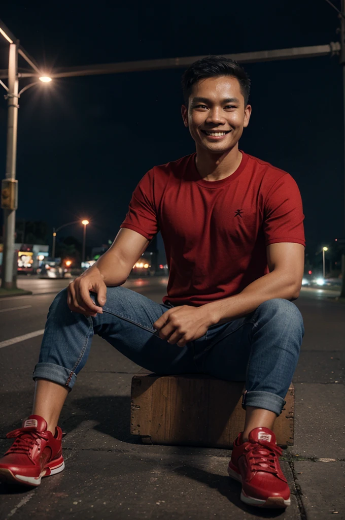 an Indonesian man, is wearing a red shirt,and wear jeans wear shoes,was sitting on a KLX motorbike, on a nighttime urban highway with a smiling face. 3d realistic image.HD 16K