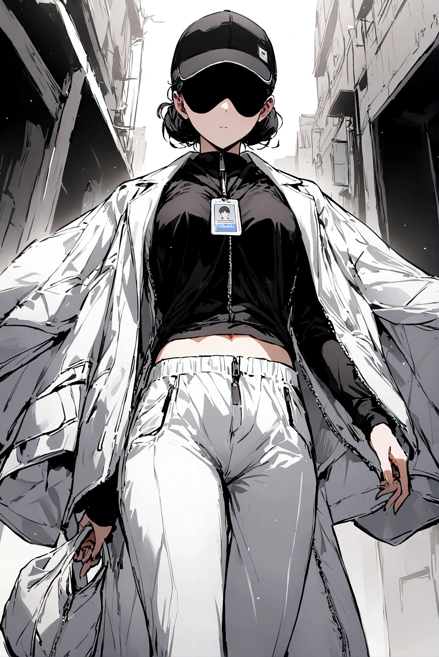 Woman, her whole body is pitch black including her face, no face, With tied hair, Wearing a black hat which is usually worn for sports, Wearing a black t-shirt from the shoulders to below the chest and the clothes stomach is white, Covered by a gray hoodie ( The zipper is open), Wear a white bag, wear a white identification card, white trousers and white shoes