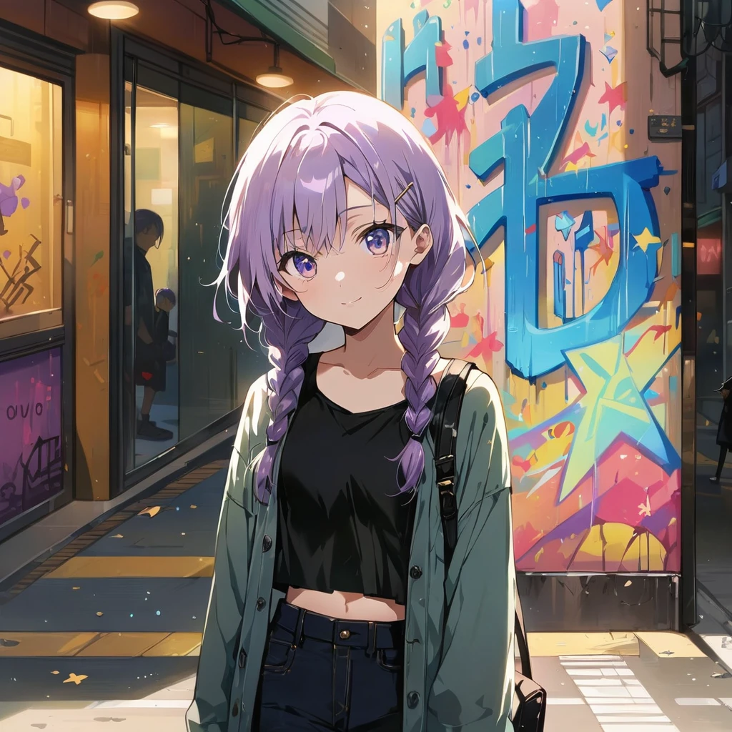 (Cute a girl:1.5), (a girl with closs hair pin,pale purple hair,wavy two braids,bluntbangs hair,green and black eyes,
A black tank top showing her slim belly, black drawstring pants, black ballet shoes, full body shot, A starry sky, a gentle smile, Graffiti art, dimly lit underpass, light coming from behind her, look at viewer, pale colors, :1.4),boots focus,
(masterpiece:1.3), anime visual, (Lovey-dovey:1.5), (tilt head:1.3), extremely delicate face, soft clean focus, realistic lighting and shading, (an extremely delicate and beautiful art:1.3), elegant, (muted colors:1.1), small breast,slim,Sitting on a carry-on bag in Akihabara's pedestrian mall,morning lit,
a masterpiece, beautiful eyes, a beautiful face, beautiful depiction, details, solid blue Skyscrapers background,