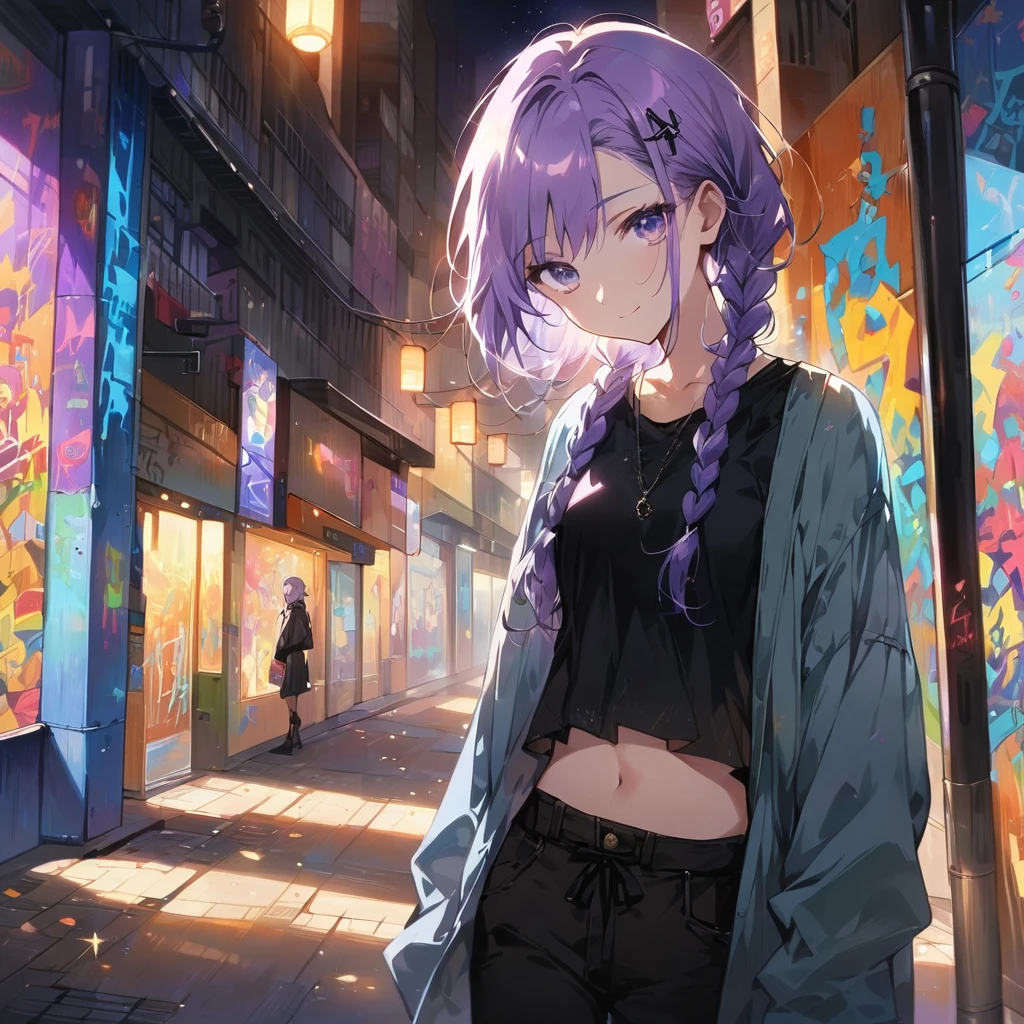 (Cute a girl:1.5), (a girl with closs hair pin,pale purple hair,wavy two braids,bluntbangs hair,green and black eyes,
A black tank top showing her slim belly, black drawstring pants, black ballet shoes, full body shot, A starry sky, a gentle smile, Graffiti art, dimly lit underpass, light coming from behind her, look at viewer, pale colors, :1.4),boots focus,
(masterpiece:1.3), anime visual, (Lovey-dovey:1.5), (tilt head:1.3), extremely delicate face, soft clean focus, realistic lighting and shading, (an extremely delicate and beautiful art:1.3), elegant, (muted colors:1.1), small breast,slim,Sitting on a carry-on bag in Akihabara's pedestrian mall,morning lit,
a masterpiece, beautiful eyes, a beautiful face, beautiful depiction, details, solid blue Skyscrapers background,