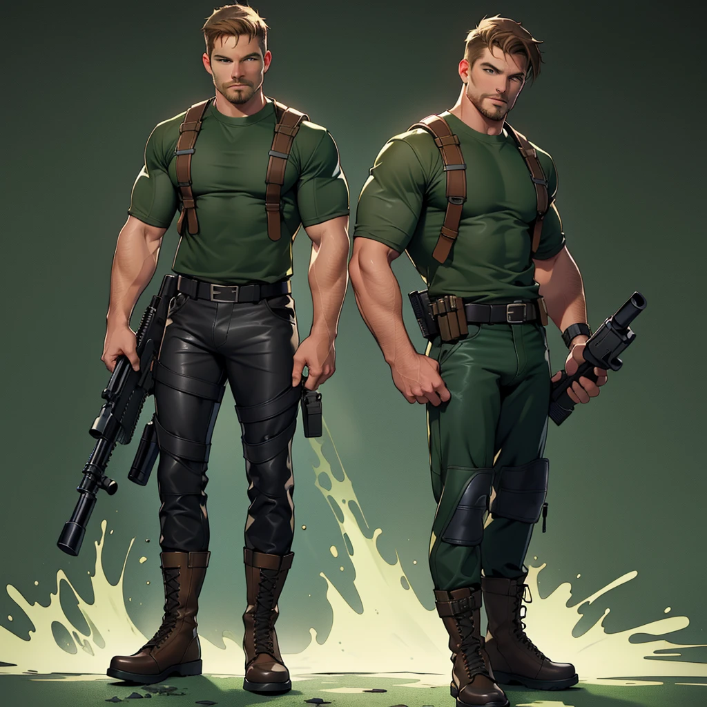 1 man, male focus solo, middle aged man,Stephen AMELL as an army man,  lean muscle,dark green T shirt, brown leather belt and boots,( green camouflage tactical pants with big bulge), full body shot, dark blond  short hair, well groomed facial hair, holding a gun with one hand, (gun:1.2), ultra high quality, masterpiece, ,( intense splashed of dark green  and brown paint in the blackground)