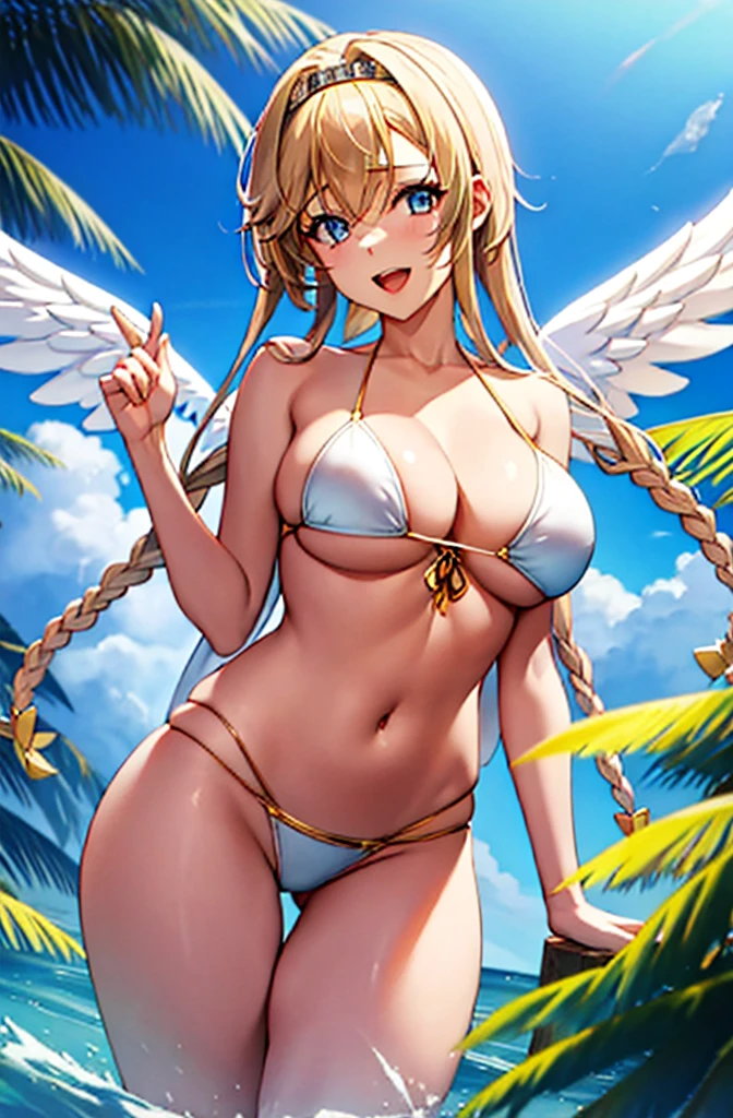 Arafe woman wearing a white bikini, belly button、Open Mouth Smile、Blonde hair and blue eyes、白いビキニを着ているsuper Wide Angel, Majestic angel all over the body, Anime Goddess, Wide Angel, Angela White, chic, Spectacular angles and poses,Beautiful and attractive anime woman wearing a white bikini, Huge and stunning goddess shots, Angel Knight Girl, Tall female angel, She has angel wings on her back, Highly detailed goddess shot