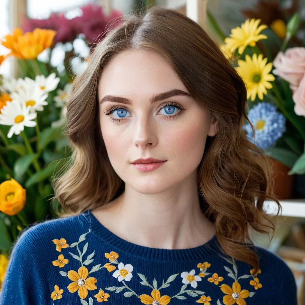 A 22-year-old woman with fair, porcelain skin, long nose, short chin, and s-shaped eyebrows. She has large, deep blue eyes with long lashes, and chestnut brown hair cascading in soft waves to her mid-back. She wears casual, feminine clothing like floral dresses or skirts and simple tops. Occasionally, she wears jeans and a cozy sweater, with delicate accessories. She stands in a quaint flower shop in the coastal town of Marisport.Cinematic Hollywood Film