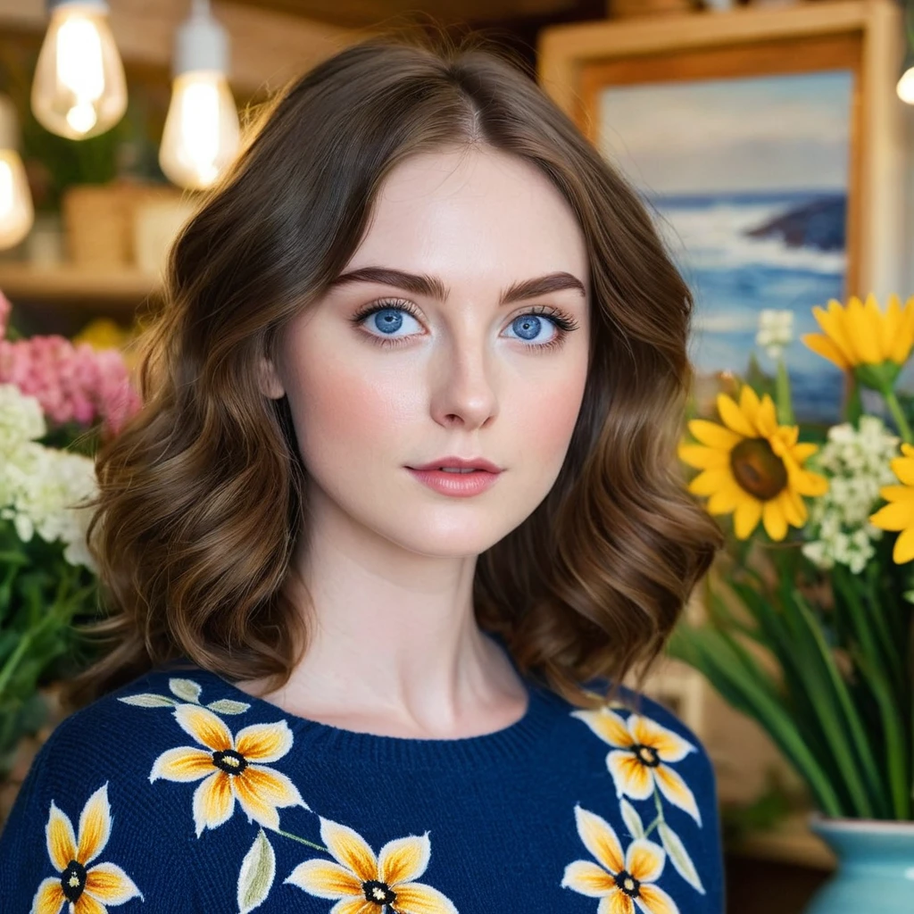 A 22-year-old woman with fair, porcelain skin, long nose, short chin, and s-shaped eyebrows. She has large, deep blue eyes with long lashes, and chestnut brown hair cascading in soft waves to her mid-back. She wears casual, feminine clothing like floral dresses or skirts and simple tops. Occasionally, she wears jeans and a cozy sweater, with delicate accessories. She stands in a quaint flower shop in the coastal town of Marisport.Cinematic Hollywood Film