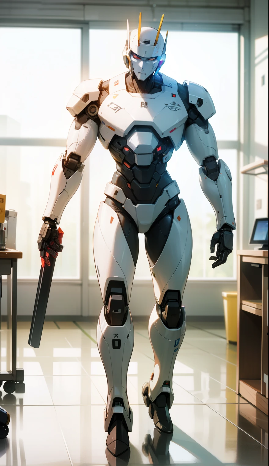A beautiful white cybernetic robot man in the Cybernetics lab, muscular and lean, with a Samurai head