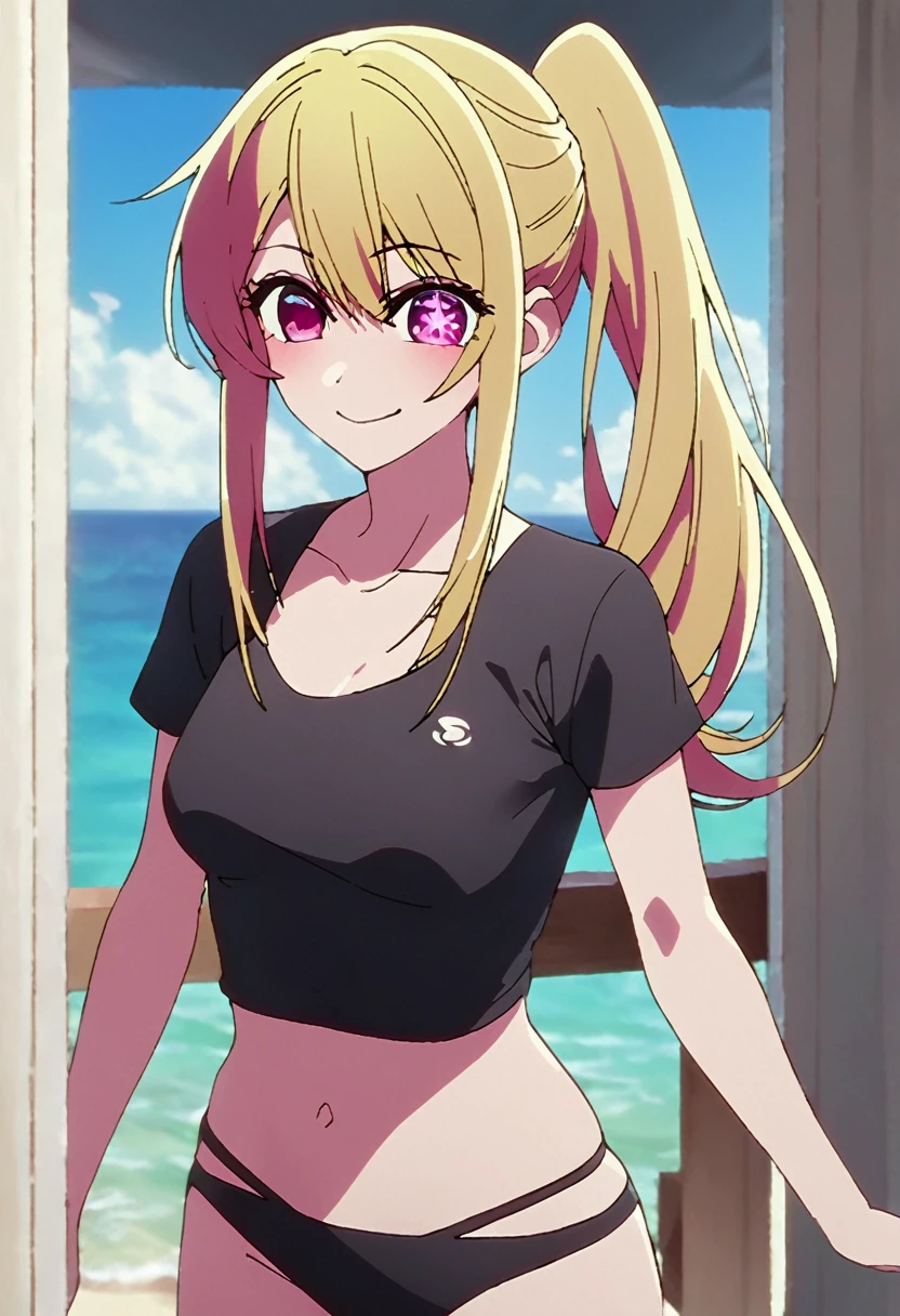 Blonde、Swimwear、Highest quality、high resolution、8K,Highest quality、Star-shaped pupil、The best smile、long hair、Pink Eyes、ponytail、Cowboy Shot、One person
