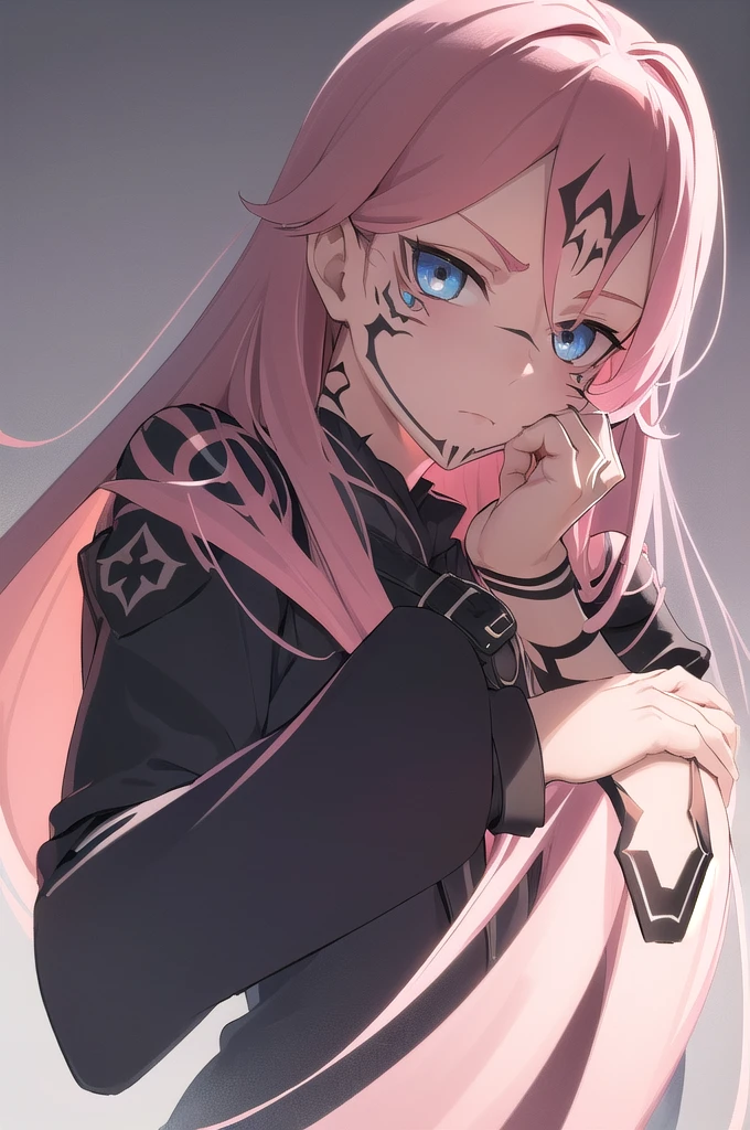 (masterpiece, best quality:1.2), upper body, solo, 1girl, sukunatattoo, looking at viewer, hand on own face, long hair, pink hair, blue eyes, extra eyes, v-shaped eyebrows, black jacket, long sleeves, dark lighting, caustics mature