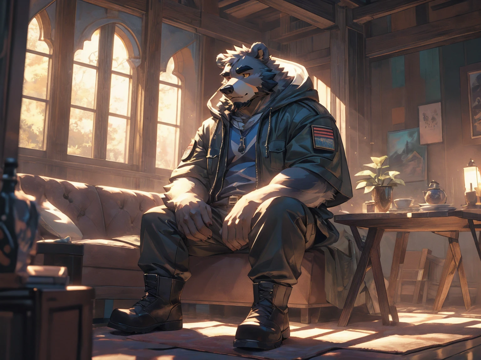 (masterpiece:1.2), best quality,pixiv,official art,perfect anatomy, (Ray tracing, light),solo, (1_male:1.3) , (muscle), (grey fur:1.4), (muscle bear), (beard:1.2), (gleaming golden eyes), bear tail, full body, Thick black eyebrows,(open hooded parka), (naked inside), jeans, (cargo pants:1.2),boots,(indoor),(a cozy and peaceful interior with a large window), character sitting on sofa