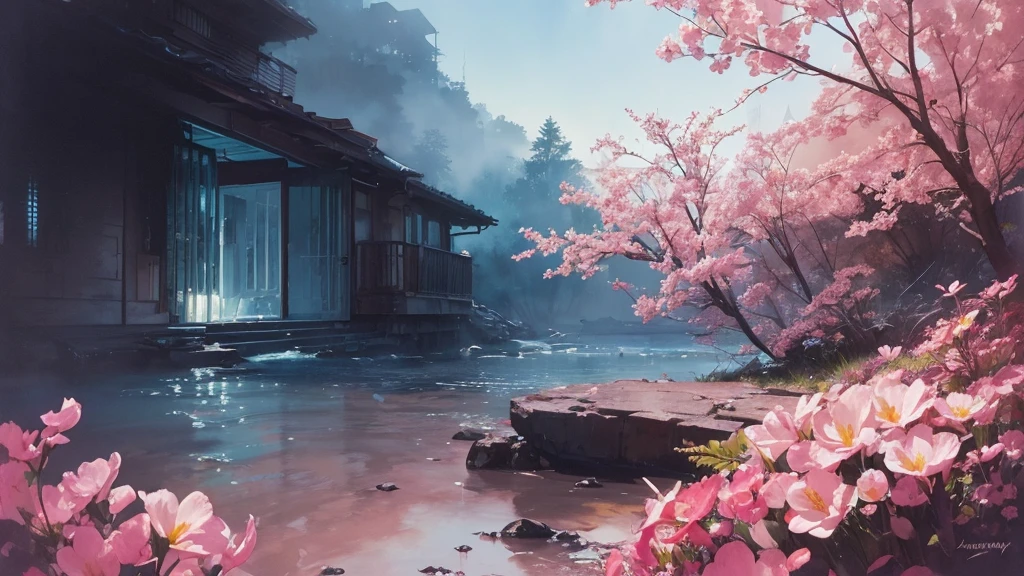 32k, Masterpiece, Highest quality, One girl, Brown Hair, Detailed eyes, flower,Freesia, Pink and navy style,A dreamy, romantic piece,Pale yellow, Mysterious Leaves,A playful arrangement,Fantasy,High Contrast,Ink strokes,explosion,Exposure, Impression of pink and navy tones,Abstract,((Watercolours by John Berkey and Jeremy Mann )) Brush strokes,Negative Space, Tyndall effect,