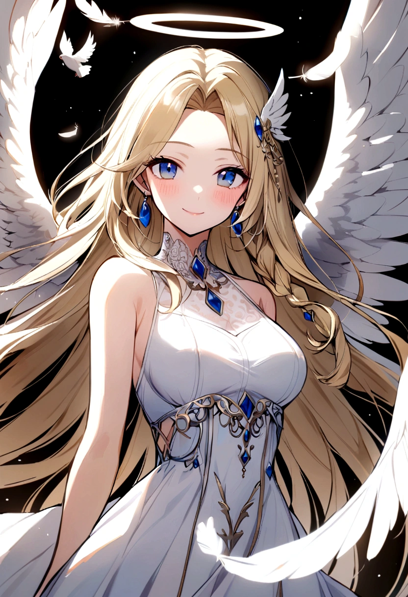 slender, mature female,1girl, rating:safe, halo, feathers, angel_wings, white_wings, feathered_wings, white_feathers, wings, solo, long_hair, breasts, blue_eyes, dress, angel, jewelry, dove, white_dress, blonde_hair, looking_at_viewer, medium_breasts, earrings, bangs, bare_shoulders, blush, closed_mouth, very_long_hair, sleeveless, eyebrows_visible_through_hair, hair_ornament, parted_bangs, smile, multiple_wings, sleeveless_dress, braid, floating_hair