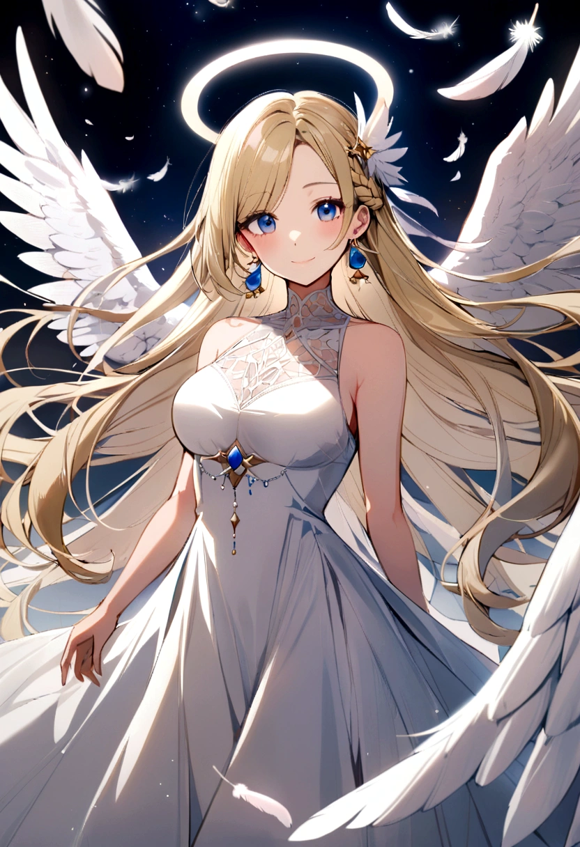 slender, mature female,1girl, rating:safe, halo, feathers, angel_wings, white_wings, feathered_wings, white_feathers, wings, solo, long_hair, breasts, blue_eyes, dress, angel, jewelry, dove, white_dress, blonde_hair, looking_at_viewer, medium_breasts, earrings, bangs, bare_shoulders, blush, closed_mouth, very_long_hair, sleeveless, eyebrows_visible_through_hair, hair_ornament, parted_bangs, smile, multiple_wings, sleeveless_dress, braid, floating_hair