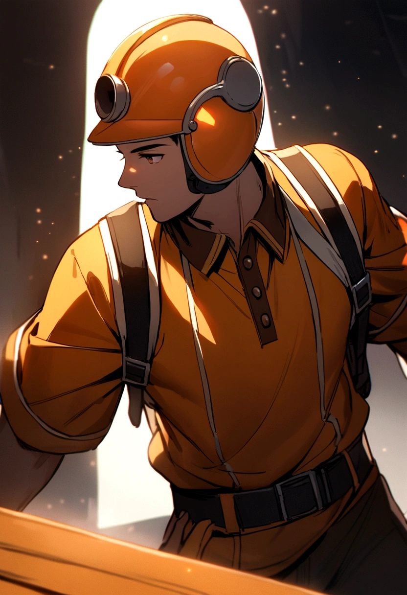 The boy wore an orange helmet with yellow trim, brown eyes, an orange polo shirt with white trim, a black backpack, and was carrying a small box.