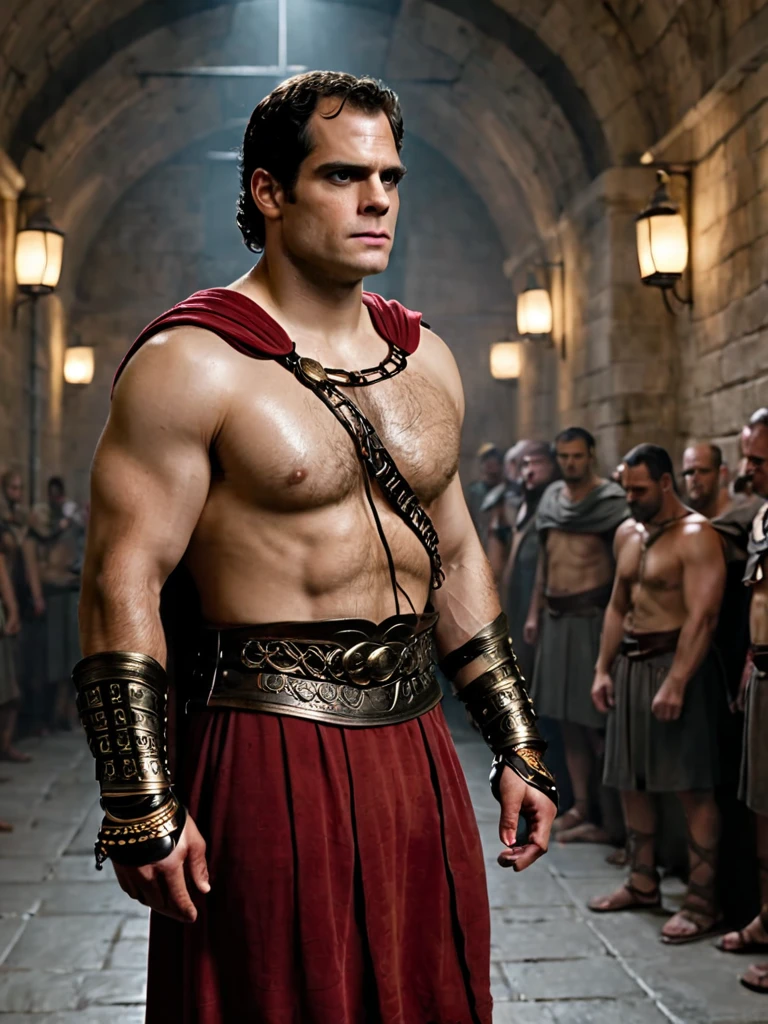 arafed man in a roman costume standing in a prison, in screenshot from the 300 movie, the the man is wrapped in chains, henry cavill as a greek god, 8 k movie still, henry cavill is a greek god, 300 the movie, inspired by Exekias, leading spartans into battle, film still from god of war