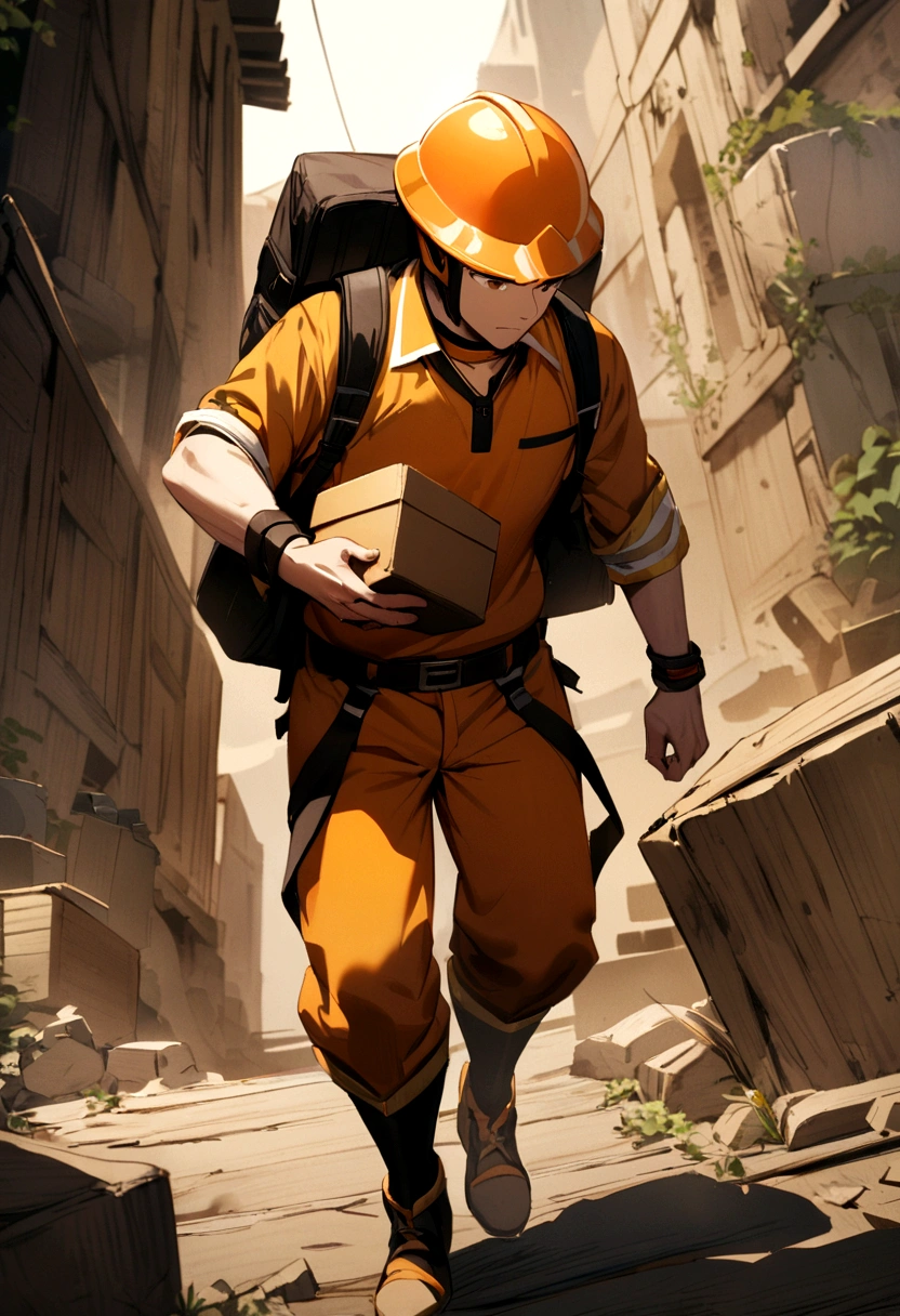 The boy wore an orange helmet with yellow trim, brown eyes, an orange polo shirt with white trim, a black backpack, and was carrying a small box.