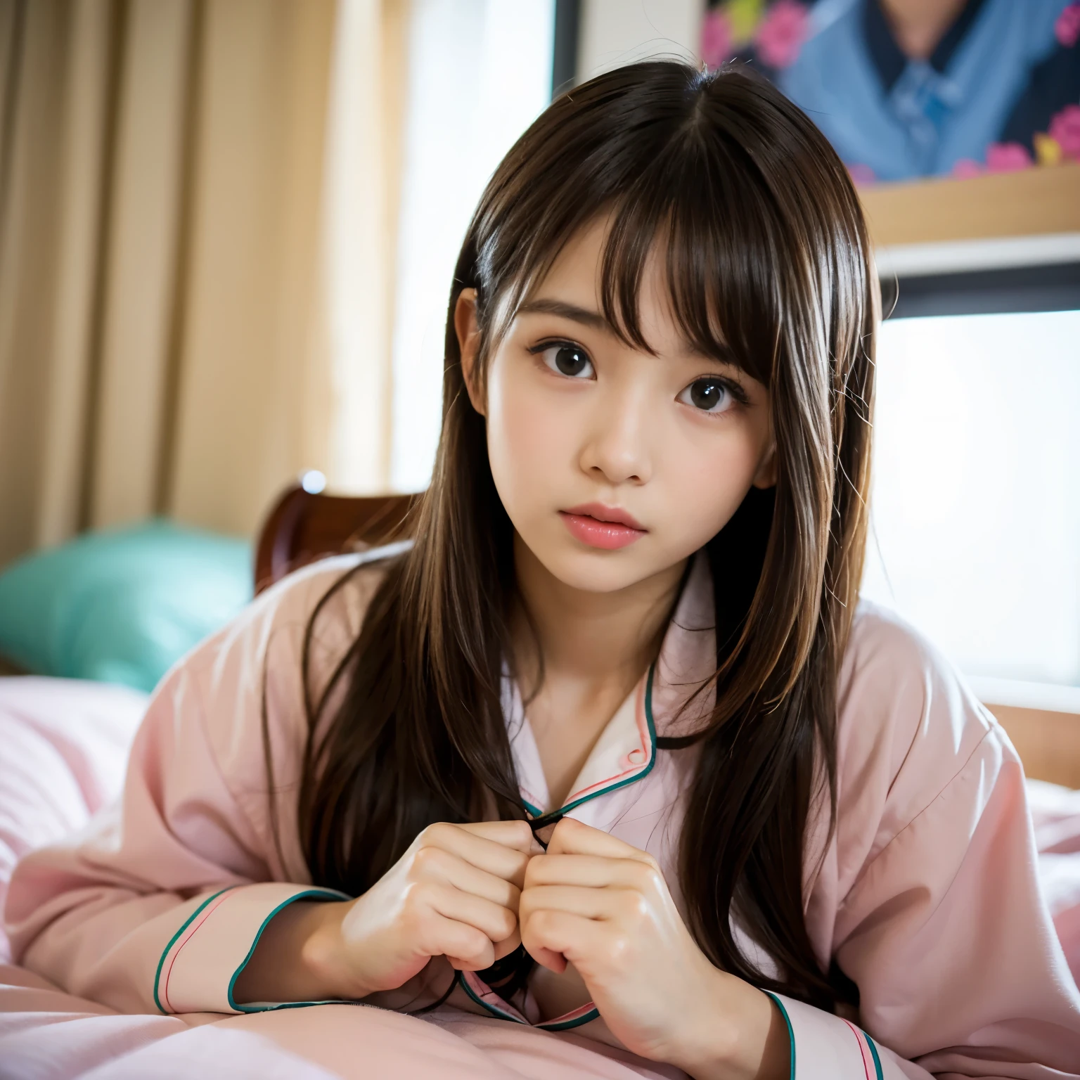 (Best-quality, Masterpiece, Ultra-High-Resolution, (Photorealistic:1.4), Raw Photo, depth of field, professional lighting, perfect anatomy, extremely details), 1girl, 12-years-old, the most famous Japanese idol, on bed, wearing pajamas with cute-patterned, ((extremely cute orgasm-face)), looking at viewer, detailed orgasm-face