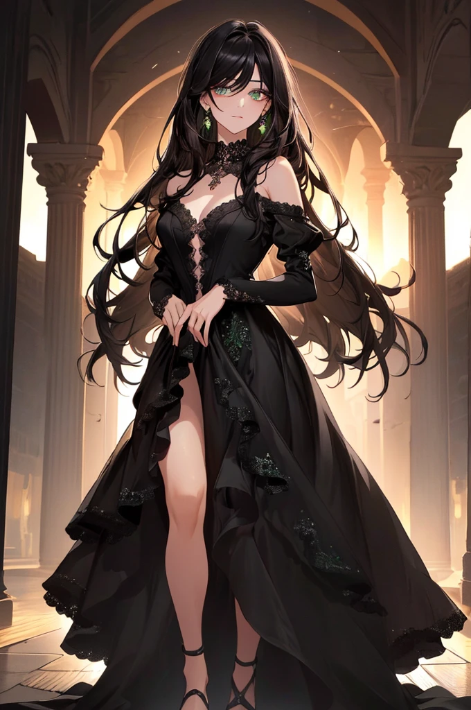 (top quality, masterpiece, high quality, ultra-delicate), ((beautiful girl)), (((adult)), ((Pure Dark black hair)), mature, graceful curves, ((long hair, long bangs)), ((detailed eyes)), ((bright green eyes)), ((detailed eyes)), nose, bangs, black collar, ((Revealing Black Dress)), V neck, seductive, standing shoulderless dress,, thick thighs, green earrings, Good Lighting, Sunset, full body.