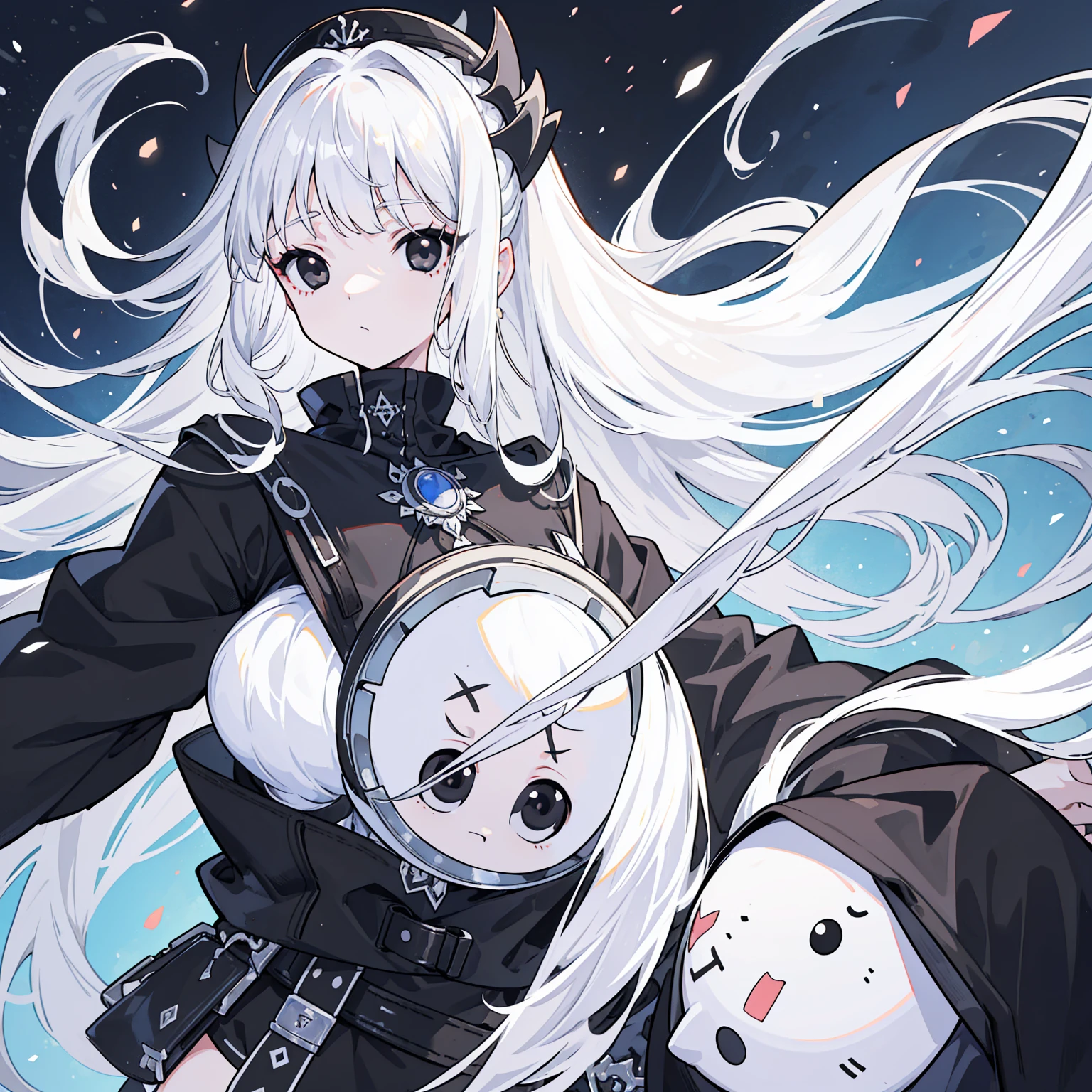 (Top image quality)、(Ultra Detailed)、(Facing forward)、top quality、masterpiece、(((1 girl)))、Silver Hair、white hair、((Long hair))、(black eyes:1.6)