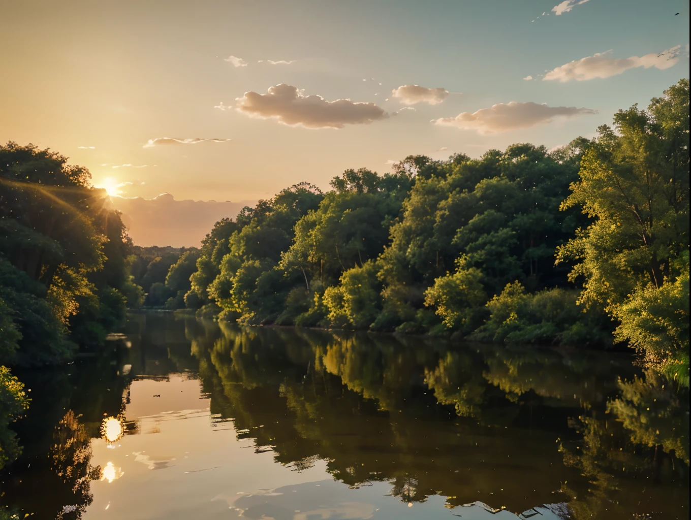 a serene sunset over a calm river, golden sun setting on the horizon, reflection of the sky in the still water, lush green trees lining the riverbank, picturesque landscape, dramatic sky with warm colors, beautiful scenery, photorealistic, highly detailed, 8K, masterpiece, vibrant colors, cinematic lighting