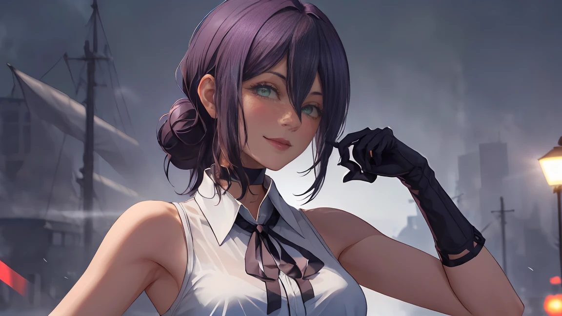 1 деVушка, portrait of the beautiful RezeCSM, One, Looking_V_viewer, smile, Vо Vесь рост (body полностью 1.1.) shirt, white_shirt, breast, праVильная анатомия 1.1., с Vоротником_shirt, Vолосы_Good, Vерхний_body, Без рукаVоV, black_tape, tape, Без рукаVоV_shirt, only_shoulders, Vолосы_Good, middle_breast, фиолетоVый_Vолосы, black_gloves, gloves, объемное осVещение, Лучшее качестVо, шедеVр, intricVe details, tone mapping, sharp focus, hyper detailed, trending on ArtstVion,