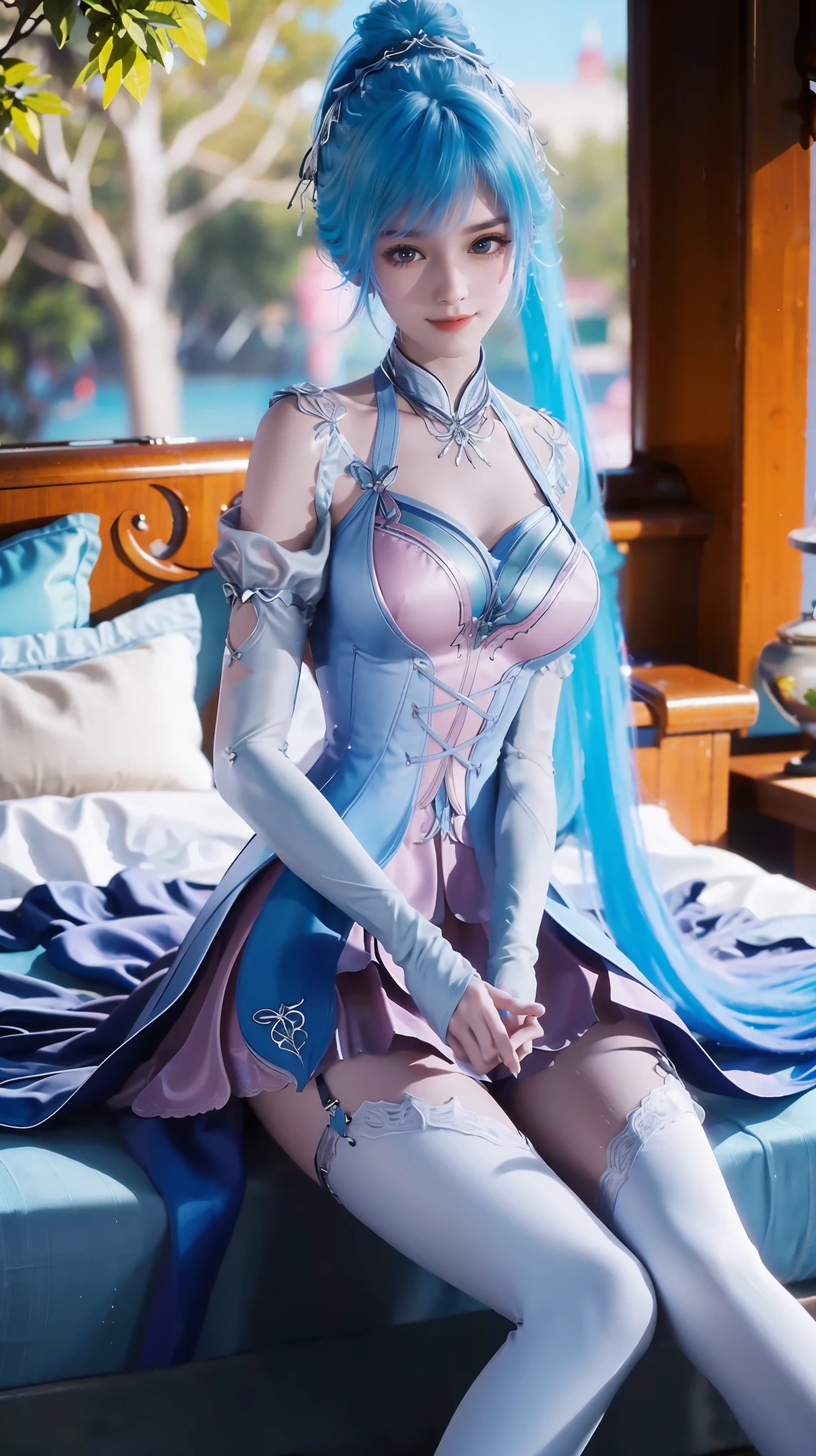 一个女孩Lying in bed,Dressed in suspender pajamas,Face up,Raise your legs slightly,Front view super detailed beautiful big breasted girl . Ultra HD, 4K, 8K, Movie,whole body,Lying down,Long legs,Very big breasts,whole body捕捉,(((Lying in bed))),(((whole bodyLying in bed))),big bed,Off-shoulder,Shoulder-length skirt,Lying in bed,Sleeping on the pillow,Lying down,Headrest pillows,(((平Lying in bed))),whole body平Lying in bed,Blue Hair,Long colored hair,双马尾蓝Long colored hair