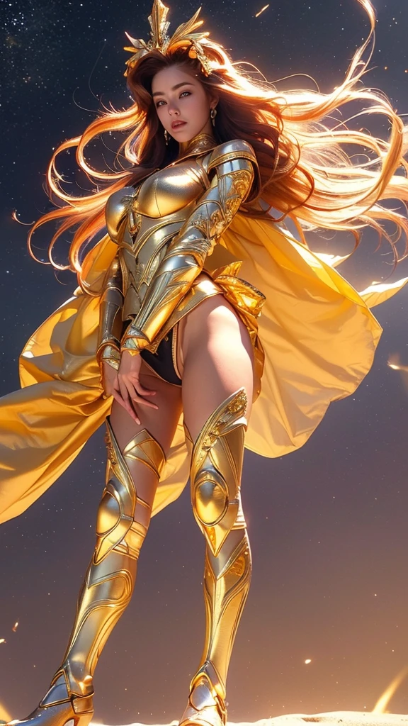 ((best quality)), ((masterpiece)), (ultra detailed lights), ((full body shot)), ((skinny body)), girl, extremely beautiful, perfect eyes, ((slim body)), thighs gap, ultra face details, 20 years old, ((red curvy-hair)), ((hair blown by strong winds :1.3)), Award-winning photograph, ((symmetrical pose)), teen goddess with (golden sword) in ((full body golden black armor)), posing in the middle, intricate details, ((thight golden armour)), ((extremely details armor)), ((tight latex panties)), ((24k-gold armor)), ((edge luminous armor)), cameltoe, luminescent, epic lights reflections, ((Athena's golden bow), at beach, full of stars, orange clouds, nebula sky, epic aurora borealis in the background, shooting stars, ((from below))