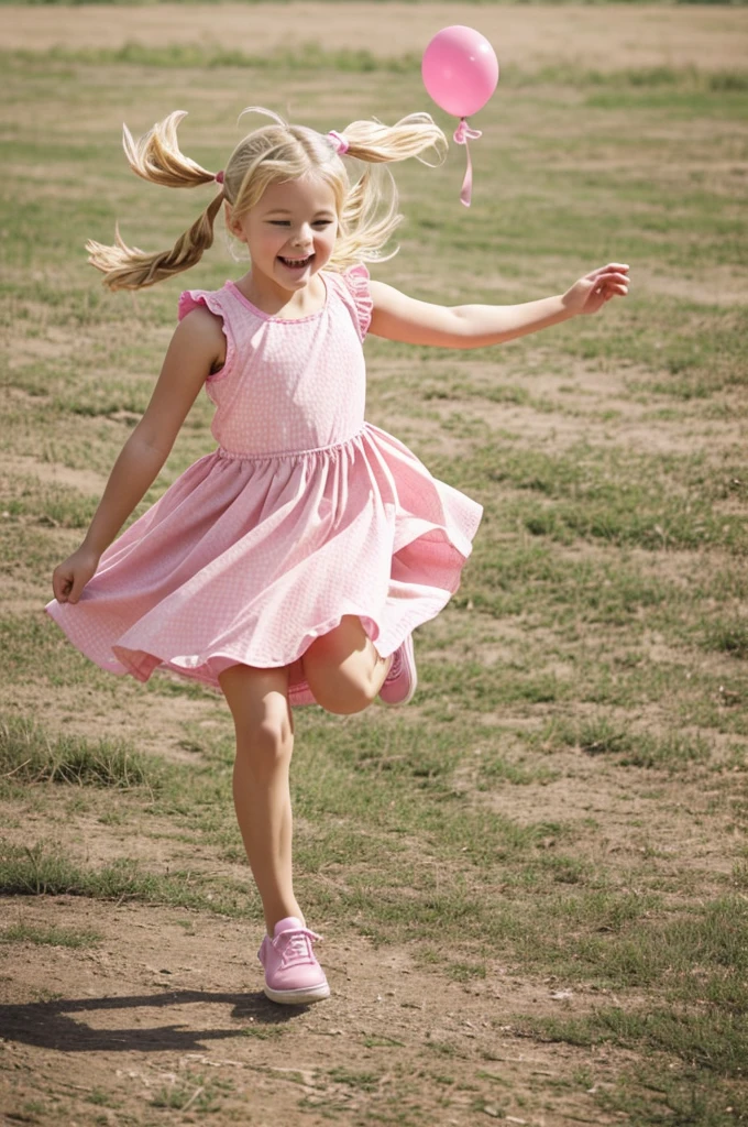 A cheerful young girl with blonde pigtails, holding onto a pink balloon. She is wearing a pink dress and pink shoes. The girl appears to be running or floating in the air, with her hair and the balloon being blown by the wind. The background is a textured beige, and there are illustrations of grass and plants around the girl.