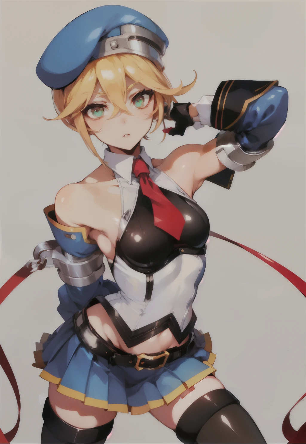 (noel vermillion.
thighhighs, hat, boots, beret, necktie, detached sleeves, short hair, black thighhighs, ribbon, gloves, dress, zettai ryouiki, bare shoulders, short dress
long hair, thighhighs, skirt, navel, gloves, hair ornament, belt, necktie, black thighhighs, white gloves, midriff, bare shoulders, miniskirt, pleated skirt, zettai ryouiki, shirt, sleeveless,handcuffs,behind her back position,policewoman hold her in firm grip 