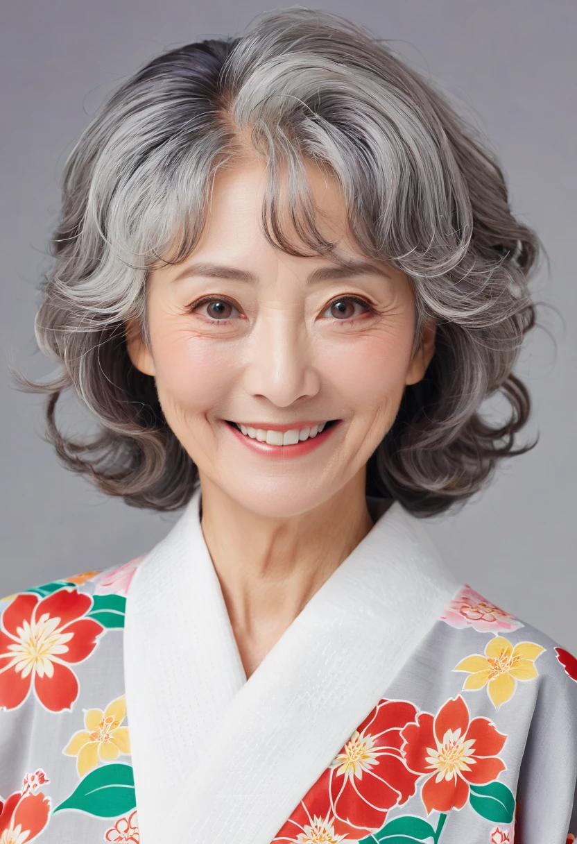 80s female,Japanese,Wrinkle,smile,Plain Kimono,Gray Hair,Perm,Light makeup,Drooping eyes,Presbyopia