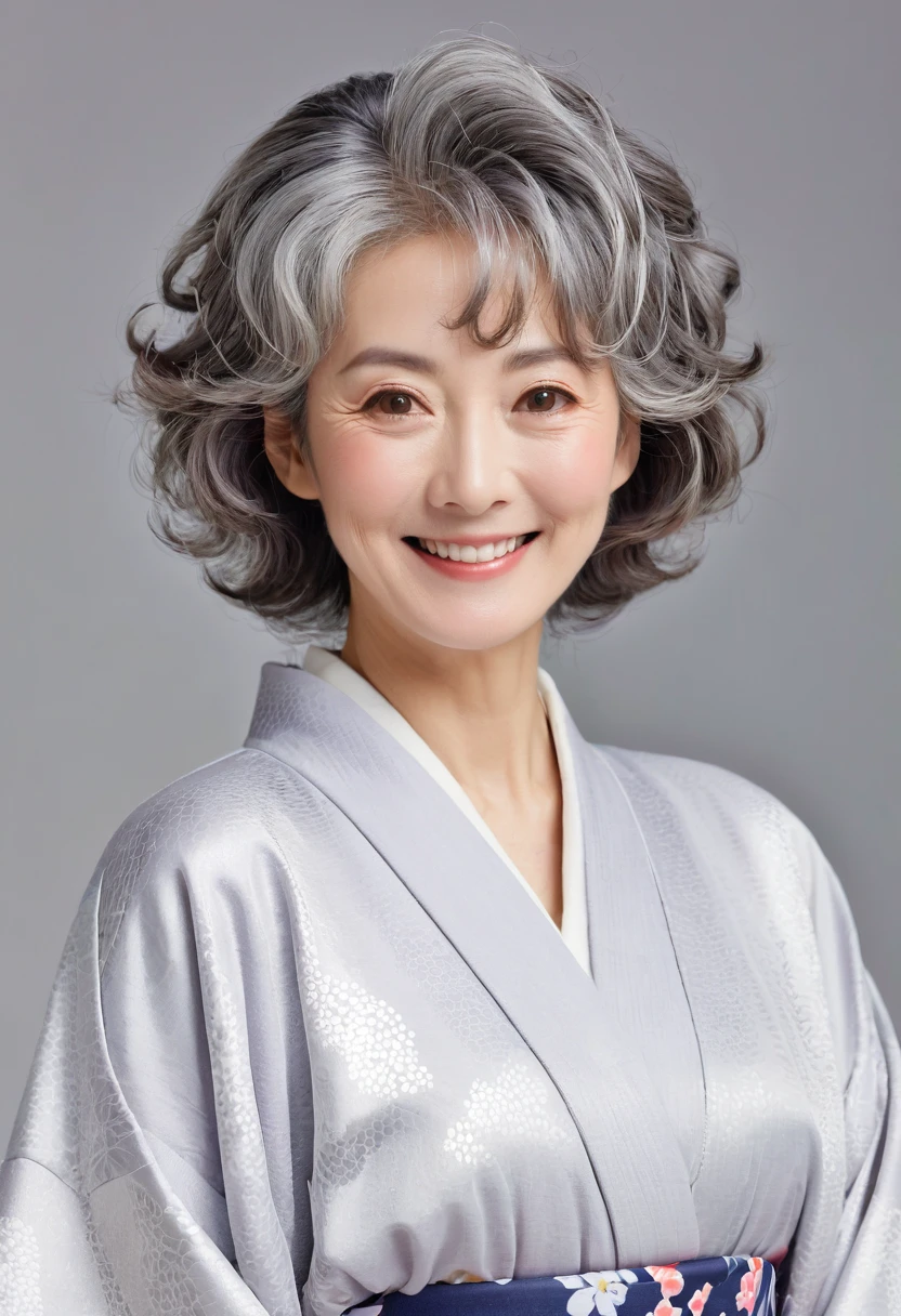 80s female,Japanese,Wrinkle,smile,Plain Kimono,Gray Hair,Perm,Light makeup,Drooping eyes,Presbyopia