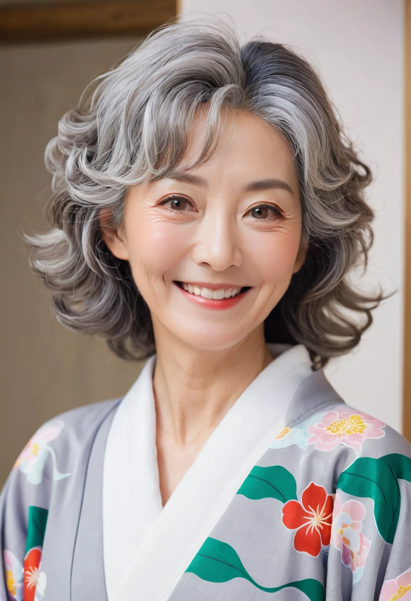 80s female,Japanese,Wrinkle,smile,Plain Kimono,Gray Hair,Perm,Light makeup,Drooping eyes,Presbyopia