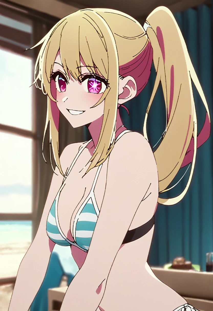 Blonde、Swimwear、Highest quality、high resolution、8K,Highest quality、Star-shaped pupil、The best smile、long hair、Pink Eyes、ponytail、Cowboy Shot、One person