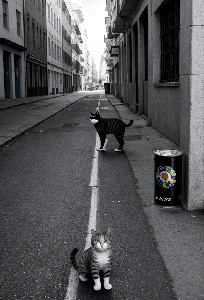 Environmental issues,SDGs,Monochrome,Colorful cans scattered on the street, Super Long Shot,Innovative and surreal art,A cat stands,Like a Richard Avedon photograph
