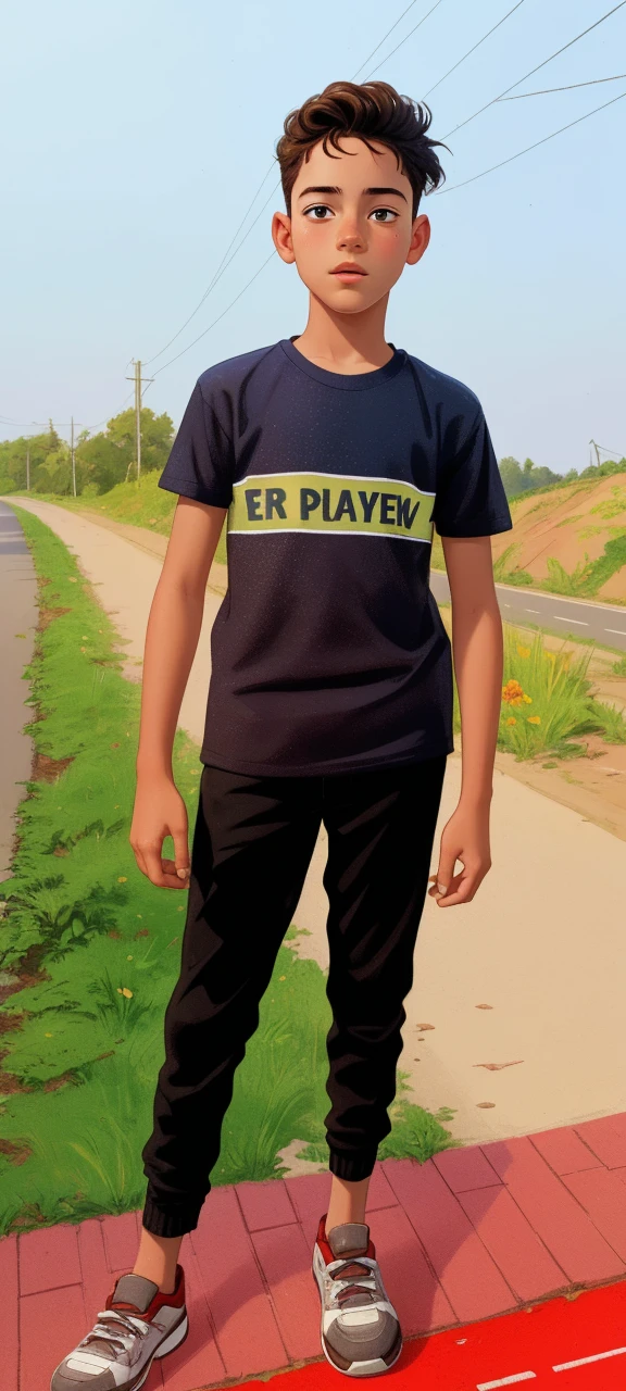 Realistic portrait of a thirteen-year-old boy, He wears a red shirt . His face is  exploratory . He stands on the road ,  A small cat is among the bushes and he touches it cautiously ,Not facing the camera,, Hair is untidy , 