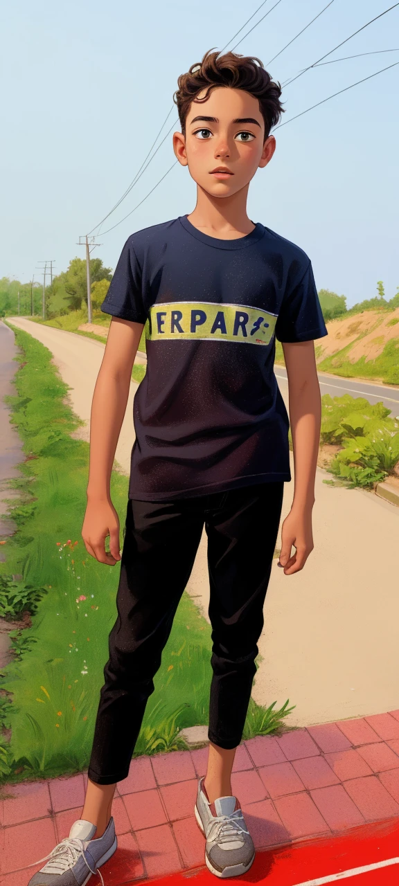 Realistic portrait of a thirteen-year-old boy, He wears a red shirt . His face is exploratory . He stands on the road , A small cat is among the bushes and he touches it cautiously ,Not facing the camera,, Hair is untidy ,