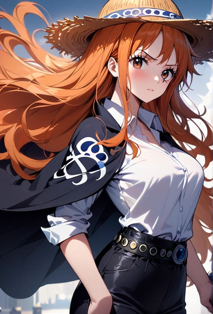 masterpiece, best quality), intricate details, 1 girl, woman, orange hair, straw hat,  nami\ (one piece\), scar on face, (long hair), shirt, white shirt, female focus, clothes, collared shirt, pants, cape, black coat, shirt,

((front view)) ((close up shot)) ((solo)) 
