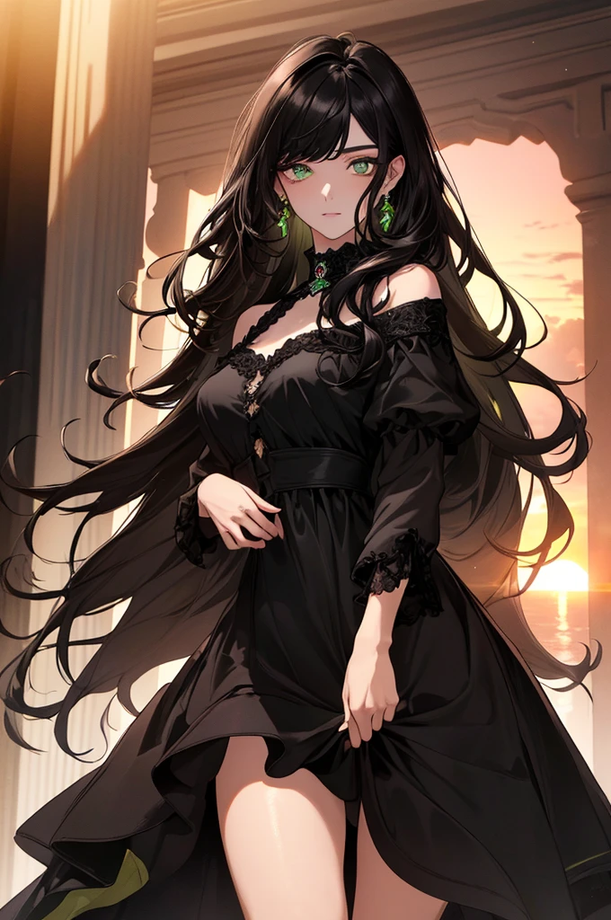 (top quality, masterpiece, high quality, ultra-delicate), ((beautiful girl)), (((adult)), ((Pure Dark black hair)), mature, graceful curves, ((long hair, long bangs)), ((bright green eyes)), ((detailed eyes)), nose, bangs, black collar, ((Revealing white Dress)), V neck, seductive, standing casual ribbon, charm, shoulderless dress, fashion, thick thighs, green earrings, Good Lighting, Sunset.