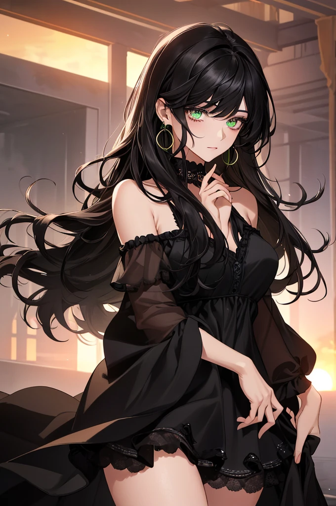 (top quality, masterpiece, high quality, ultra-delicate), ((beautiful girl)), (((adult)), ((Pure Dark black hair)), mature, graceful curves, ((long hair, long bangs)), ((detailed eyes)), ((bright green eyes)), ((detailed eyes)), nose, bangs, black collar, ((Revealing Black Dress)), V neck, seductive, standing shoulderless dress,, thick thighs, green earrings, Good Lighting, Sunset.