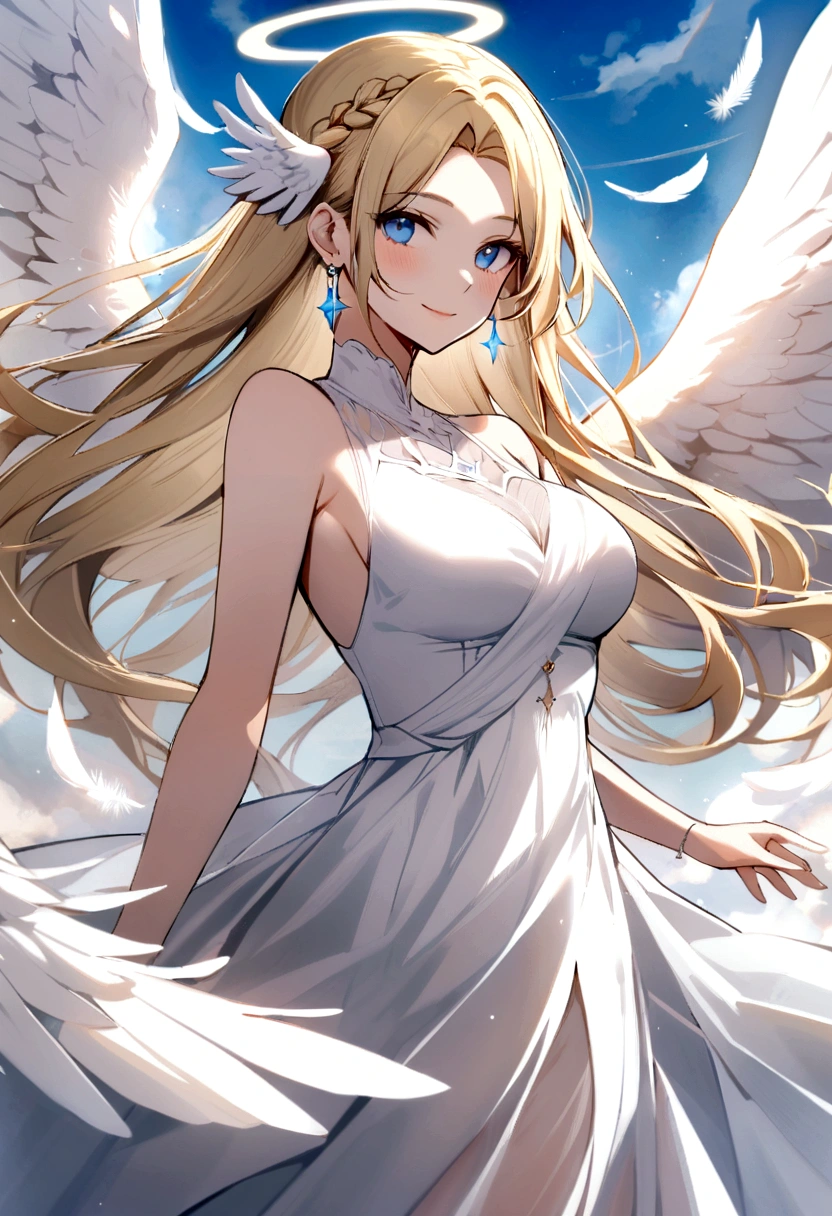 slender, mature female,1girl, rating:safe, halo, feathers, angel_wings, white_wings, feathered_wings, white_feathers, wings, solo, long_hair, breasts, blue_eyes, dress, angel, jewelry, dove, white_dress, blonde_hair, looking_at_viewer, medium_breasts, earrings, bangs, bare_shoulders, blush, closed_mouth, very_long_hair, sleeveless, eyebrows_visible_through_hair, hair_ornament, parted_bangs, smile, multiple_wings, sleeveless_dress, braid, floating_hair