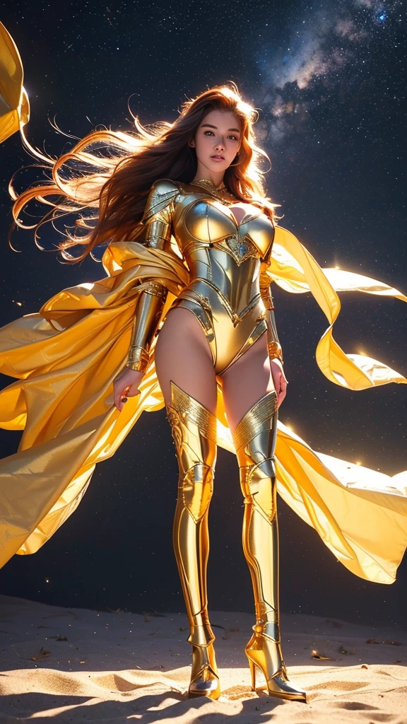 ((best quality)), ((masterpiece)), (ultra detailed lights), ((full body shot)), ((skinny body)), teen girl, extremely beautiful, perfect eyes, ((slim body)), thighs gap, ultra face details, 20 years old, ((red curvy-hair)), ((hair blown by strong winds :1.3)), Award-winning photograph, ((symmetrical pose)), teen goddess with (golden sword) in ((full body golden black armor)), posing in the middle, intricate details, ((thight golden armour)), ((extremely details armor)), ((tight latex panties)), ((24k-gold armor)), ((edge luminous armor)), cameltoe, luminescent, epic lights reflections, ((Athena's golden bow), at beach, full of stars, orange clouds, nebula sky, epic aurora borealis in the background, shooting stars, ((from below))