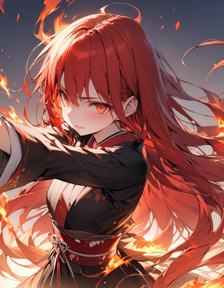 masterpiece　Detailed description　A woman with very long red hair　Very intense flames all over　Japanese style