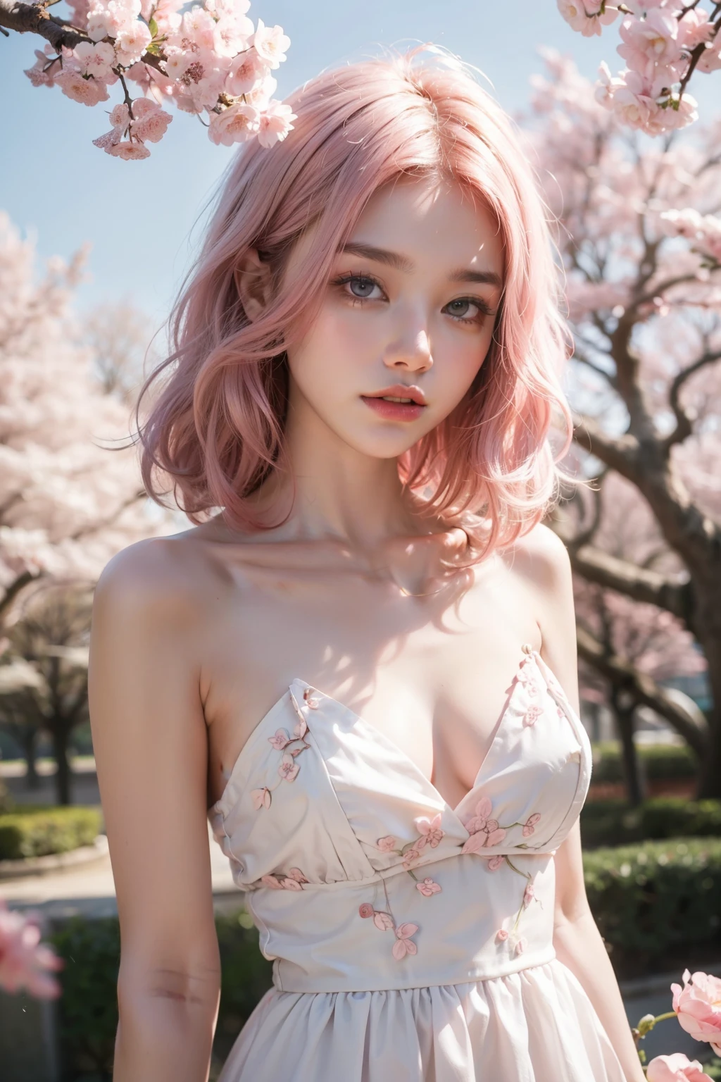 light pink hair, pink eyes, pink and white, Sakura leaves, vivid colors, White dress, paint splash, simple background, ray tracing, Wavy but naked hair