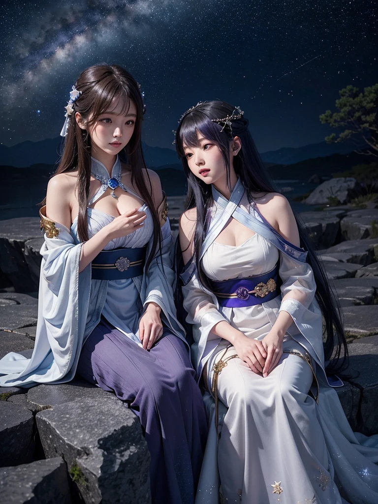 Under a star-filled sky, Orihime and Hikoboshi stand on opposite sides of the shimmering Milky Way, their eyes meeting with a sense of longing and love. The night is illuminated by a soft, ethereal glow, with delicate hues of blue and purple blending into the darkness. Surrounding them are twinkling stars, glowing mist, and mystical constellations, creating a magical and otherworldly atmosphere. Both characters are dressed in traditional celestial robes adorned with intricate patterns, adding to the enchantment of the scene."