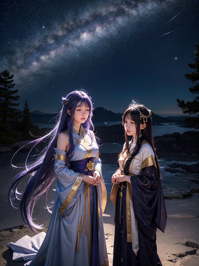 Under a star-filled sky, Orihime and Hikoboshi stand on opposite sides of the shimmering Milky Way, their eyes meeting with a sense of longing and love. The night is illuminated by a soft, ethereal glow, with delicate hues of blue and purple blending into the darkness. Surrounding them are twinkling stars, glowing mist, and mystical constellations, creating a magical and otherworldly atmosphere. Both characters are dressed in traditional celestial robes adorned with intricate patterns, adding to the enchantment of the scene."