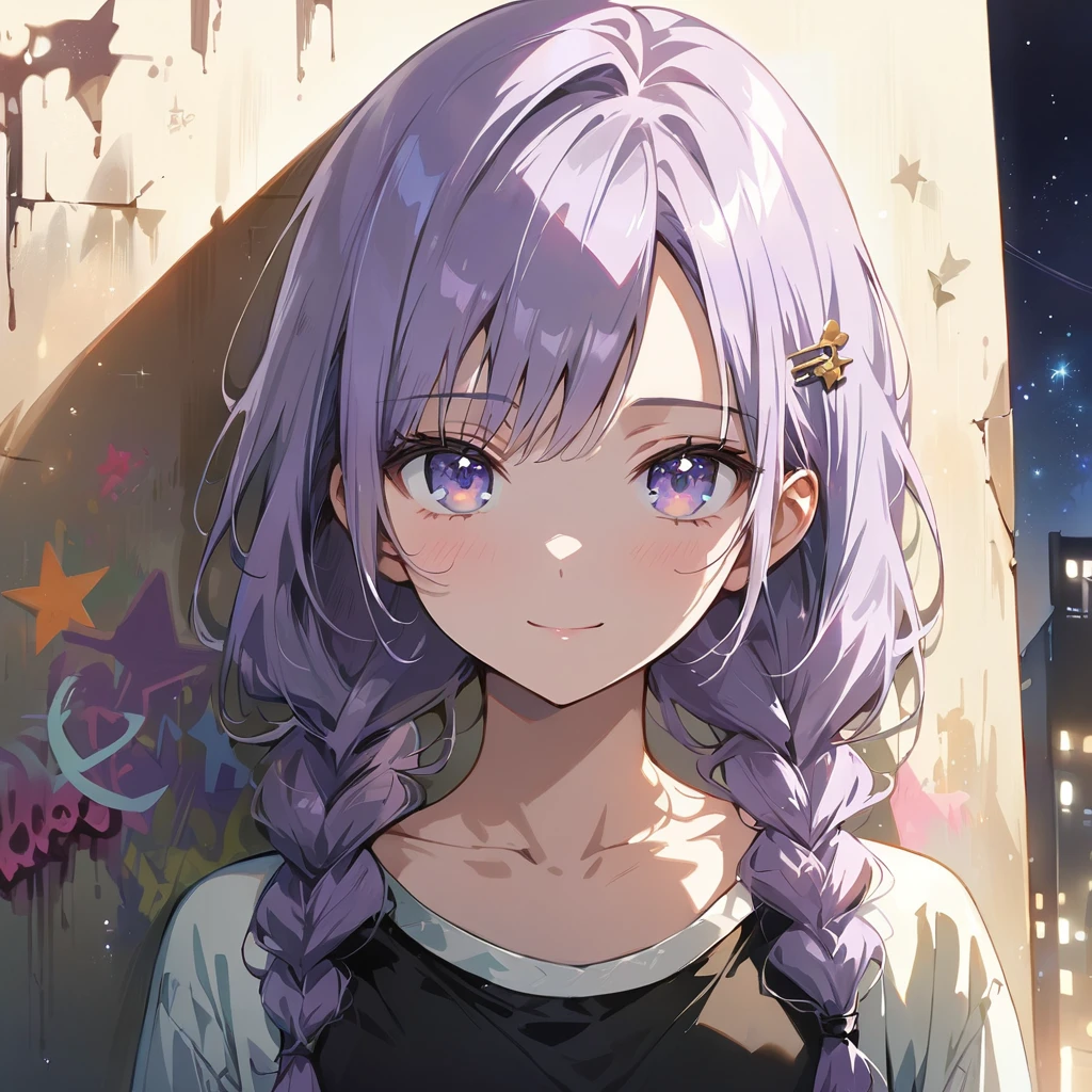 (Cute a girl:1.5), (a girl with closs hair pin,pale purple hair,wavy two braids,bluntbangs hair,green and black eyes,
A black tank top showing her slim belly, black drawstring pants, black ballet shoes, full body shot, A starry sky, a gentle smile, Graffiti art, dimly lit underpass, light coming from behind her, look at viewer, pale colors, :1.4),boots focus,
(masterpiece:1.3), anime visual, (Lovey-dovey:1.5), (tilt head:1.3), extremely delicate face, soft clean focus, realistic lighting and shading, (an extremely delicate and beautiful art:1.3), elegant, (muted colors:1.1), small breast,slim,morning lit,
a masterpiece, beautiful eyes, a beautiful face, beautiful depiction, details, solid blue Skyscrapers background, 