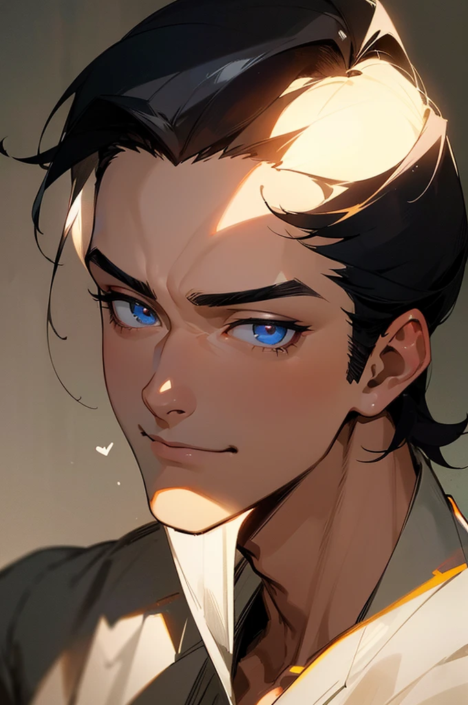 (masterpiece), best quality, expressive eyes, perfect face, anime, guy, black hair and eyes, good looking, muscular, gentle smile, adult, old Hollywood handsome guy, heart throb, short straight hair, dramatic, lighting