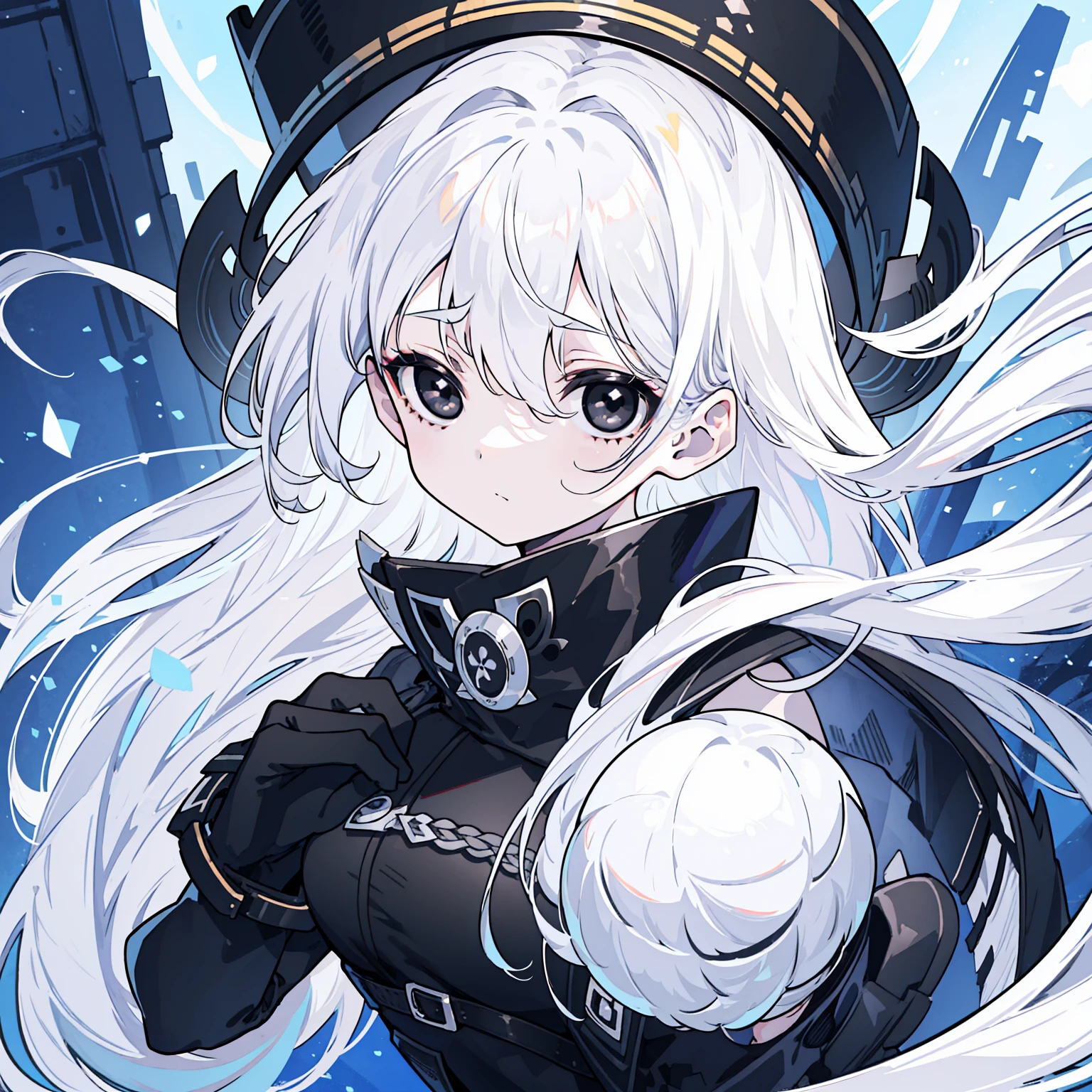(Top image quality)、(Ultra Detailed)、(Facing forward)、top quality、masterpiece、(((1 girl)))、Silver Hair、white hair、((Long hair))、(black eyes:1.6)