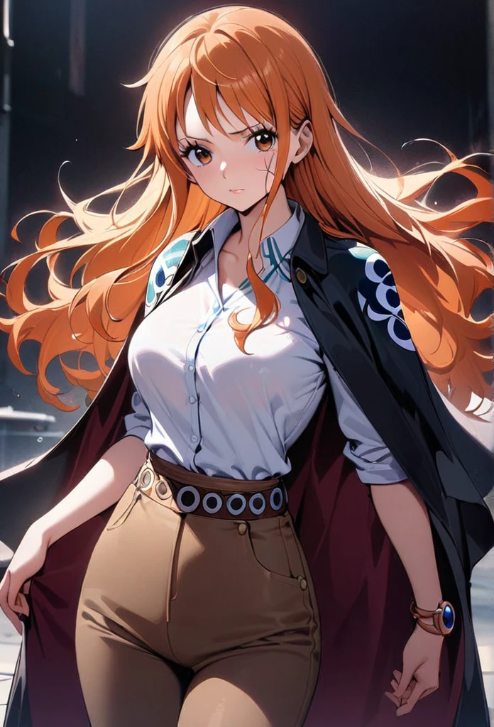 masterpiece, best quality), intricate details, 1 girl, woman, orange hair, straw hat,  nami\ (one piece\), scar on face, (long hair), shirt, white shirt, female focus, clothes, collared shirt, pants, cape, black coat, shirt, hair tied

((front view)) ((close up shot)) ((solo)) 