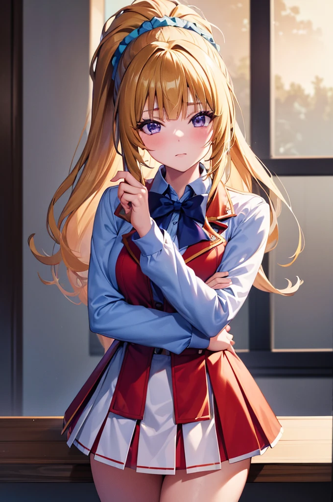 (8k, best quality, masterpiece,ultra detailed, ultra high res:1.2),
1girl,
Kei Karuizawa,
Kei Karuizawa \(youjitsu\),
long hair, ponytail,
yellow hair,
purple eyes,
blue bow, hair scrunchie,
medium breasts,
, red blazer, long sleeves, blue blouse, pleated white skirt, white calf socks,
looking at viewer,
cowboy shot,
perfect light,